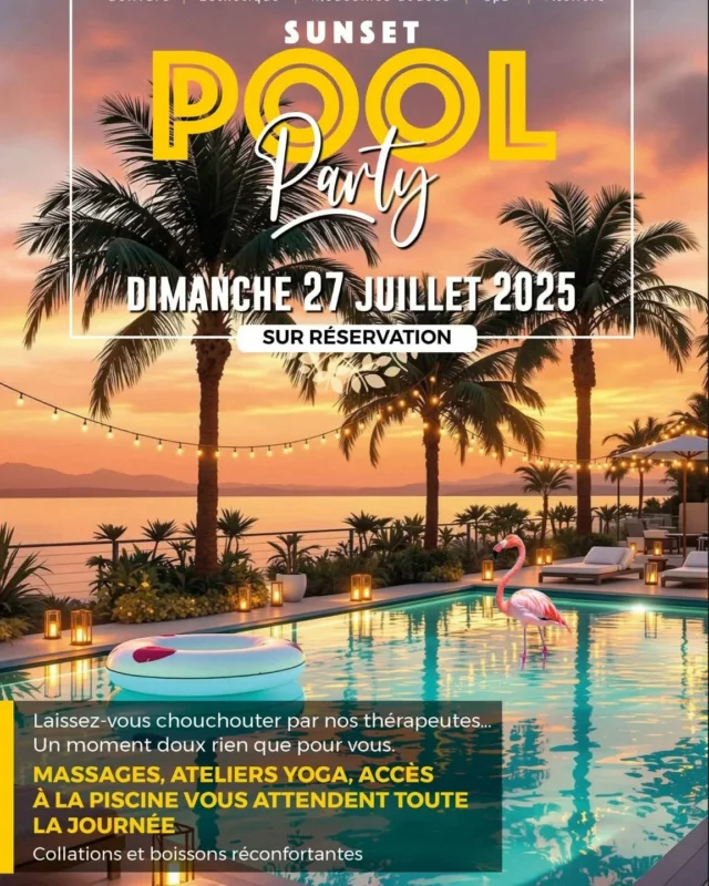 Besoin de vous détendre ? De souffler ? De déconnecter ? 

On vous invite à notre Pool Party Irydessens centre de bien-être ! Le but de la journée ? 

✨ Vous faire déconnecter comme si vous aviez pris l'avion pour la Polynésie ! 🌴
✨ Vous redonner la zen attitude de maitre Yoda 🧘‍♀️
✨ Vous relaxer profondément dans un cadre cocooning et nature.

Contactez-nous pour demander plus d'information ou pour réserver votre place au 07 61 63 12 68.
